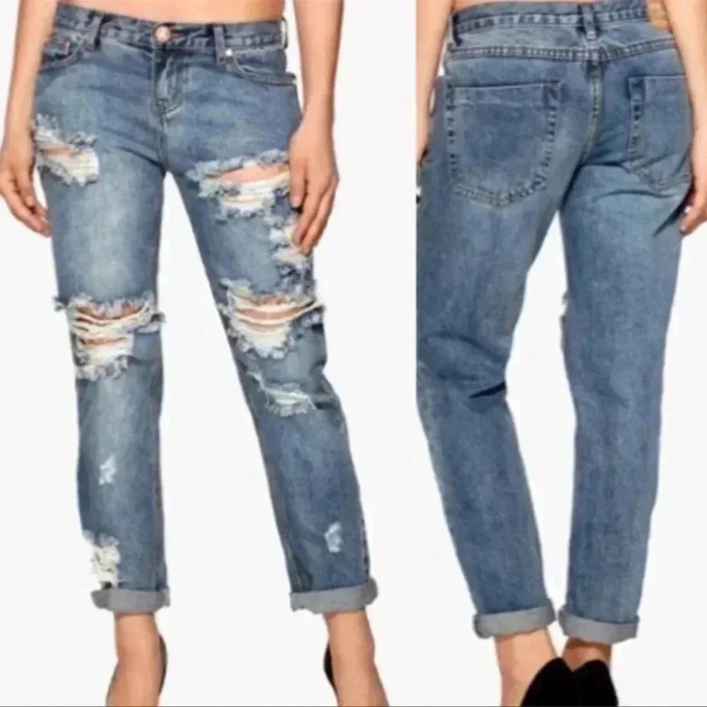 One Teaspoon Light Wash Distressed Straight Leg Ankle Cotton Jeans Size …